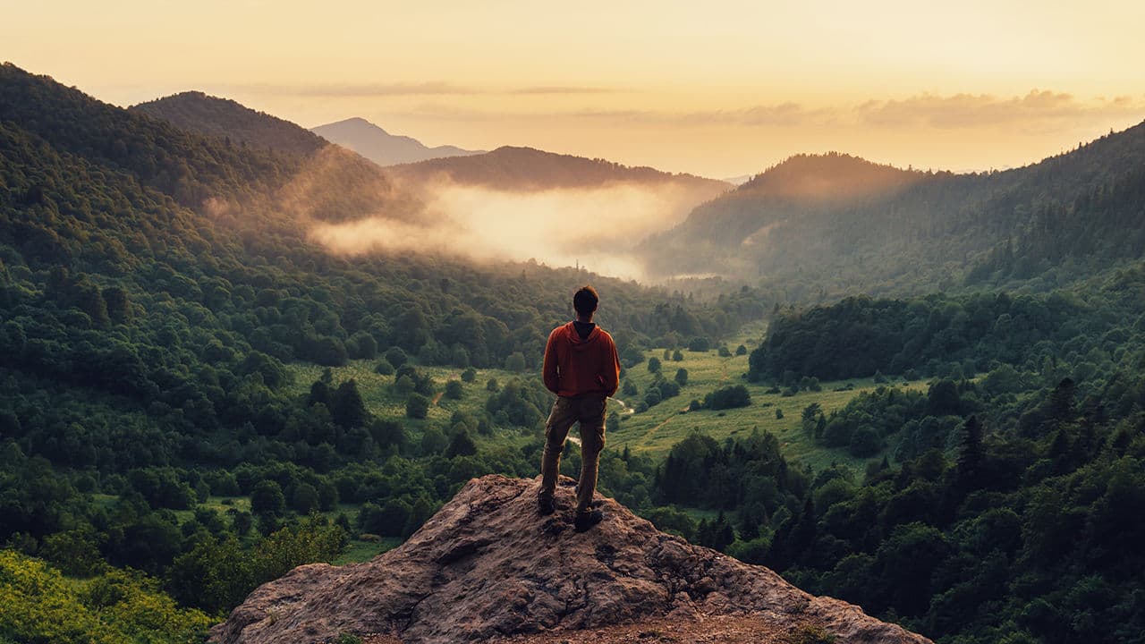Interior of a building with columns and flags
